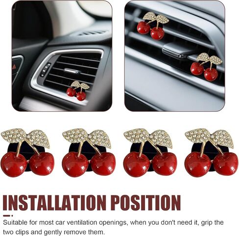4 PCS Cherry Car Air Vent Freshener Perfume Clip, Creative Alloy Aromatherapy Ornament with Rhinestones, Bling Cute Cherry Decor Car Accessories, Universal for Most Cars (Red) in Kuwait