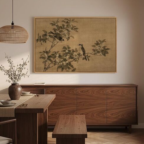 Framed Vintage Botanical Birds on Branch Wall Art, Retro Neutral Still Life Canvas Artwork for Walls, Elegant Rustic Painting Print for Living Room Bedroom Dining Room Office Wall Decor, 36x24 Inch in Kuwait