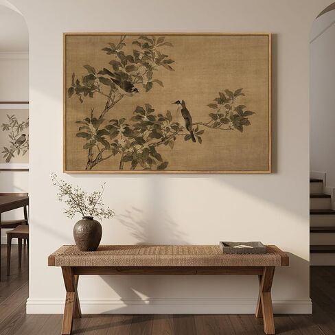 Framed Vintage Botanical Birds on Branch Wall Art, Retro Neutral Still Life Canvas Artwork for Walls, Elegant Rustic Painting Print for Living Room Bedroom Dining Room Office Wall Decor, 36x24 Inch in Kuwait