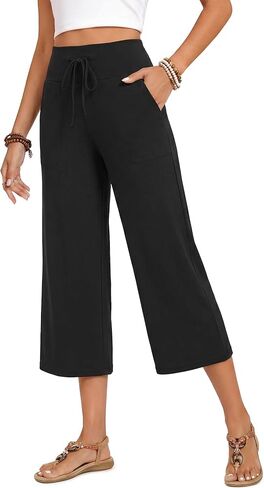 ZOOSIXX Capri Pants for Women - Palazzo Pants Casual Wide Leg Trousers with Pockets Summer High Waisted Drawstring Pants in Kuwait