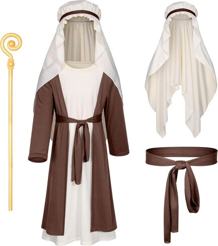 Kids Biblical Saint Joseph Costume Jesus Robe Fancy Dress Sherherd Costume Staffs Headwrap Hat Waist Rope Set in Kuwait