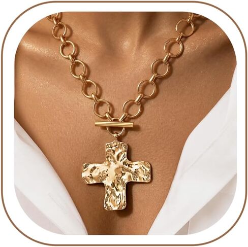FAXHION Chunky Cross Necklace for Women, Gold Tone Toggle Chain Statement Necklace with Textured Cross Pendant, Vintage Chunky Necklace Jewelry Gift for Women in Kuwait
