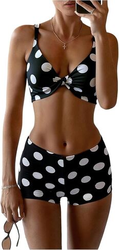 SweatyRocks Women's Two Piece Polka Dots Bikini Set Twist Front Bathing Suit with Boyshorts in Saudi Arabia
