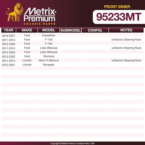 Metrix Premium Chassis Parts - 2 PC Front Inner Tie Rod End Kit Fits 15-21 Ford Expedition, 11-20 F-150, 11-20 Lobo, 15-22 Mustang, 11-14 Lincoln Mark LT, 15-21 Navigator Replacement EV801377 in Saudi Arabia