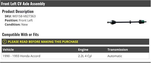 Front Left Driver Side CV Axle Assembly - Compatible with 1990-1993 Honda Accord 2.2L 4-Cylinder in Saudi Arabia