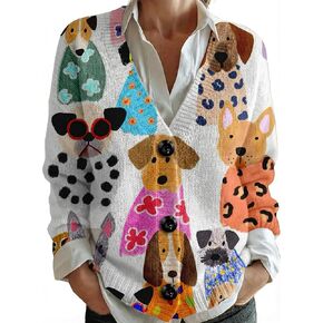 Plus Size Animal Print Cardigan, Artistic Pattern V-Neck Open Front Sweater with Black Buttons, Soft Fabric in Kuwait