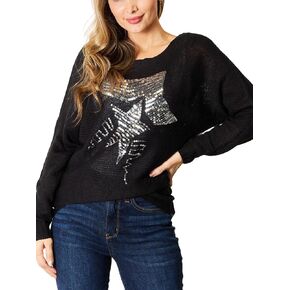 Women's Casual Pullover Star Sequin Graphic Knit Top Dolman Sleeve Sweater Black Knit Fabric Long Sleeves Pullover Relaxed in Kuwait