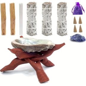 مجموعة تلطيخ المريمية البيضاء، مجموعة هدايا للتلطخ وتنظيف الطاقة مع الجمشت والمريمية البيضاء وبالو سانتو وقشرة أذن البحر والحامل واللافندر ~ بخور الأرز المريمية لتنظيف المنزل in Kuwait