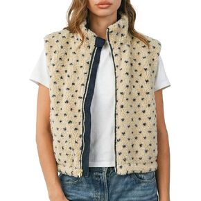 سترة صوف مترهلة للنساء بدون أكمام ورقبة عالية وسحاب كامل سترة شيربا منقطة صدرية غامضة مع جيوب in Kuwait