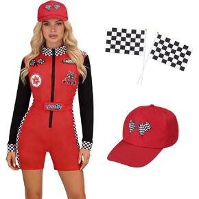 Race Car Driver Costume for Womens Racing Driver Jumpsuit Shorts Long Sleeve with Grid Flag Set Halloween Outfits in Kuwait