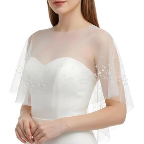 شال لؤلؤي للنساء، شالات زفاف من التول اللؤلؤي، غطاء فستان زفاف أنيق، مع اللؤلؤ وأحجار الراين للنساء والفتيات والحفلات الرسمية (أبيض) in Kuwait