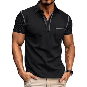 Men's Casual Polo Shirts Classic Long Sleeve Basic Button T-Shirt Lightweight Cotton Golf Tops with Pocket in Kuwait