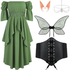 5 Pcs Women Fairy Elf Costume Off Shoulder Renaissance Medieval Forest Fairy Elf Dress for Cosplay Outfit Green in Kuwait