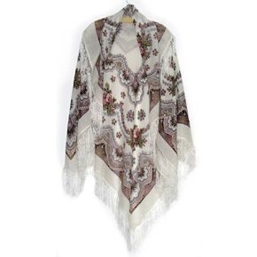 Pavlovo Posad Crane 100% Wool Russian Shawl with Silk Fringe 50х50'' (125x125 cm) White in Saudi Arabia