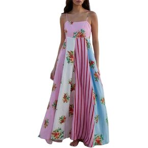 ebossy Women's Floral Striped Back Smocked Maxi Dress Spaghetti Strap Flowy Swing A-Line Sundress with Pockets in Kuwait