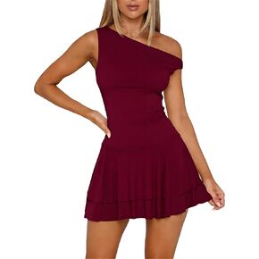 ForeFair Women's Sexy Off Shoulder Bodycon Mini Dresses Sleeveless Ruffle Hem Party Club Short Dress in Kuwait