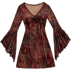 Floerns Women's Boho Western Mini Dress Floral Country Mesh Bell Sleeve Vintage Dresses in Kuwait
