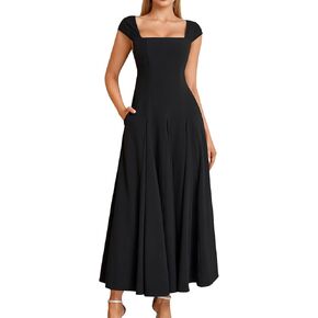 GLNEGE Women’s Corset Wedding Guest Maxi Dress Cap Sleeve Square Neck Lace Up A Line Flowy Formal Midi Dress with Pockets in Kuwait