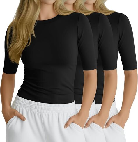 3 Pack Women's Workout Shirts Half Sleeve Compression Tops Slim Fit Crew Neck Tee Athletic Gym Yoga Basic T-Shirts in Kuwait