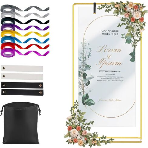 FOCHIER F Gold Wedding Sign Stand with Colorful Ribbons,Adjustable Metal Easel Stand to Welcome Guests,Heavy Duty Easel for Wedding Sign and Poster Display Stand,Art,Posters,Pictures,Paintings,Floor Décor in Kuwait