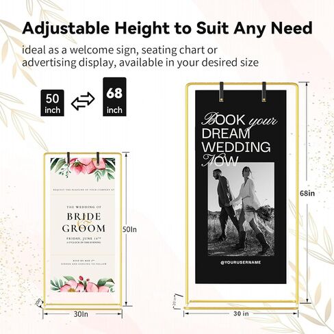 FOCHIER F Gold Wedding Sign Stand with Colorful Ribbons,Adjustable Metal Easel Stand to Welcome Guests,Heavy Duty Easel for Wedding Sign and Poster Display Stand,Art,Posters,Pictures,Paintings,Floor Décor in Kuwait