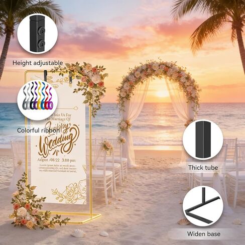 FOCHIER F Gold Wedding Sign Stand with Colorful Ribbons,Adjustable Metal Easel Stand to Welcome Guests,Heavy Duty Easel for Wedding Sign and Poster Display Stand,Art,Posters,Pictures,Paintings,Floor Décor in Kuwait