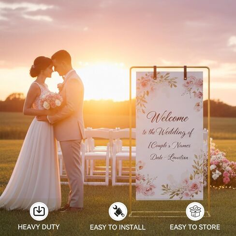 FOCHIER F Gold Wedding Sign Stand with Colorful Ribbons,Adjustable Metal Easel Stand to Welcome Guests,Heavy Duty Easel for Wedding Sign and Poster Display Stand,Art,Posters,Pictures,Paintings,Floor Décor in Kuwait