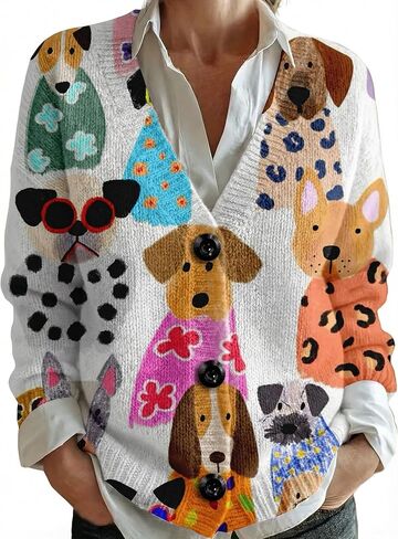 سترة صوفية بطبعة حيوانات بمقاس كبير، سترة مفتوحة من الأمام برقبة على شكل حرف V بنمط فني مع أزرار سوداء، قماش ناعم in Kuwait