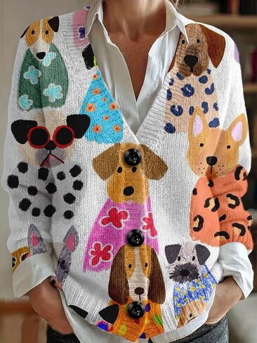 سترة صوفية بطبعة حيوانات بمقاس كبير، سترة مفتوحة من الأمام برقبة على شكل حرف V بنمط فني مع أزرار سوداء، قماش ناعم in Kuwait