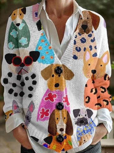سترة صوفية بطبعة حيوانات بمقاس كبير، سترة مفتوحة من الأمام برقبة على شكل حرف V بنمط فني مع أزرار سوداء، قماش ناعم in Kuwait