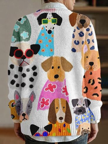 سترة صوفية بطبعة حيوانات بمقاس كبير، سترة مفتوحة من الأمام برقبة على شكل حرف V بنمط فني مع أزرار سوداء، قماش ناعم in Kuwait