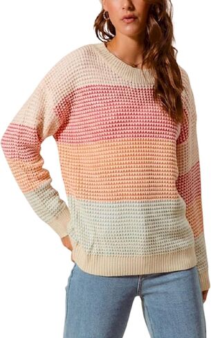 Womens Casual Pullover Sweater Rainbow Striped Knit Chunky Texture Crew Neck Multicolor Block Pattern Top in Kuwait