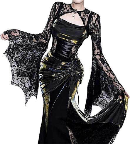 بلوزة نسائية ذات أكمام على شكل جرس قوطي - سترة فيكتورية شفافة من الزهور بوليرو Y2K برقبة دائرية لحفلات الزفاف in Kuwait