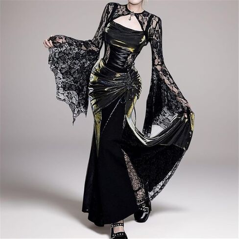 بلوزة نسائية ذات أكمام على شكل جرس قوطي - سترة فيكتورية شفافة من الزهور بوليرو Y2K برقبة دائرية لحفلات الزفاف in Kuwait