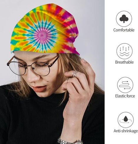 Rainbow Tie dye Holiday Beanie for Women Slouchy Mens Winter Hat Skull Cap Knitted Hat Cancer Headwear Accessories for Women in Kuwait