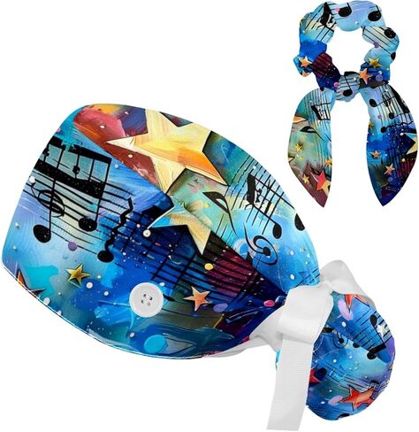 Women’s Working Cap Scrub Hats with Bow Scrunchies, Blue Music Melody Galaxy Bouffant Surgical Cap Ponytail Holder in Saudi Arabia