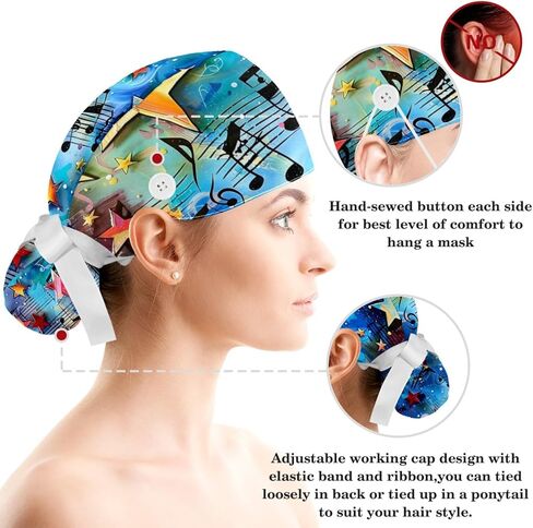 Women’s Working Cap Scrub Hats with Bow Scrunchies, Blue Music Melody Galaxy Bouffant Surgical Cap Ponytail Holder in Saudi Arabia