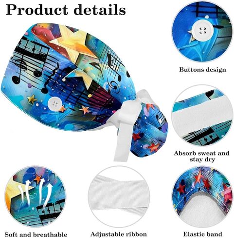 Women’s Working Cap Scrub Hats with Bow Scrunchies, Blue Music Melody Galaxy Bouffant Surgical Cap Ponytail Holder in Saudi Arabia