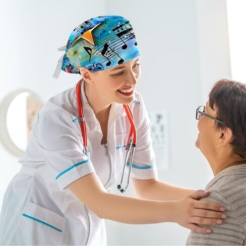 Women’s Working Cap Scrub Hats with Bow Scrunchies, Blue Music Melody Galaxy Bouffant Surgical Cap Ponytail Holder in Saudi Arabia