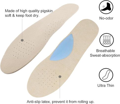 Leather Barefoot Shoe Insoles with Arch Support | Thin Sockless Inserts for Women Flats Dress Shoes | Anti Sweat & Anti-Odor | Plantar Fasciitis Flat Feet & Arch Pain Relief, Medium 7.5-9 Size in Saudi Arabia