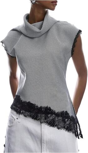 Floerns Women's Elegant Asymmetrical Lace Tops High Neck Houndstooth Dressy Casual Tank Top in Saudi Arabia