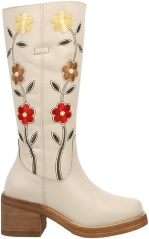 Dingo Womens Bloom Leather Casual Boots Mid Calf Mid Heel 2-3" - White in Saudi Arabia