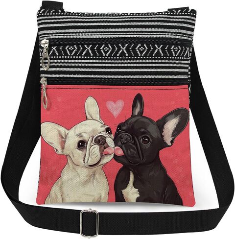 French Bulldog and Heart Print Adjustable Crossbody Bag Puppies Design Lightweight Purse Unique Gift for Dog Lovers Christmas or Birthday Present for Sister Friend in Saudi Arabia