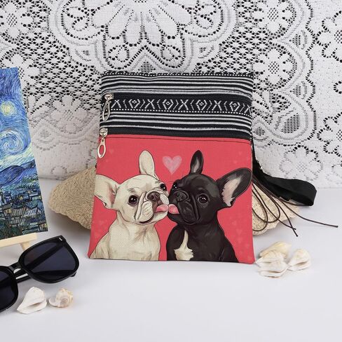 French Bulldog and Heart Print Adjustable Crossbody Bag Puppies Design Lightweight Purse Unique Gift for Dog Lovers Christmas or Birthday Present for Sister Friend in Saudi Arabia