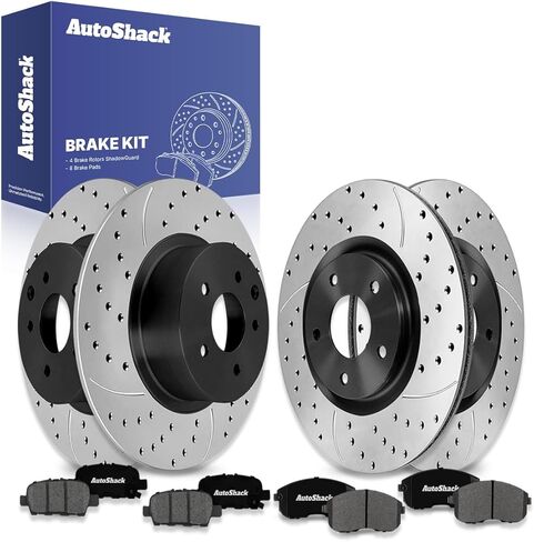 دوارات الفرامل ذات فتحات تهوية أمامية وخلفية صلبة محفورة ومغطاة بالكهرباء + وسادات سيراميك ممتازة طقم فرامل 12 قطعة بديلة لـ 2017-2019 Nissan Sentra 2011-2017 Nissan Juke ShadowGuard in Kuwait