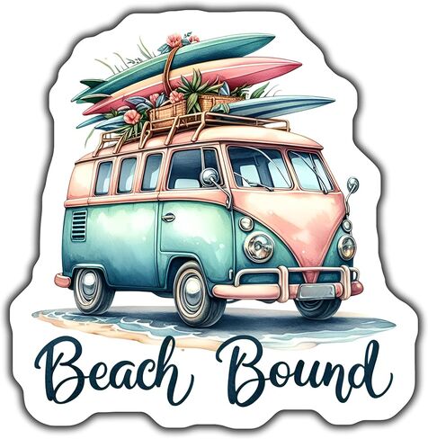 ملصق Vintage Beach Van، ملصق Retro Surf Van، ملصق Beach Bound، فن لوح ركوب الأمواج، ملصق مغامرة صيفية - ملصق مقاس 5 بوصات - عبوتان - CCSTICKER01115 in Kuwait