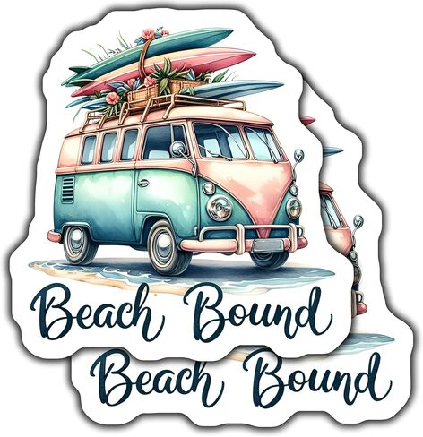 ملصق Vintage Beach Van، ملصق Retro Surf Van، ملصق Beach Bound، فن لوح ركوب الأمواج، ملصق مغامرة صيفية - ملصق مقاس 5 بوصات - عبوتان - CCSTICKER01115 in Kuwait