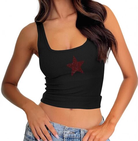 Star Tank Top Rhinestone Y2k Sleeveless Ribbed Sparkly Crop for Women Graphic Tank Tops Summer Going Out Tops in Kuwait