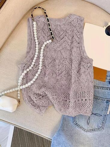 Women Knit Sleeveless Top Solid Color Chic Scoop Neck Pullover Soft Texture Daily Wear Layering Style in Saudi Arabia