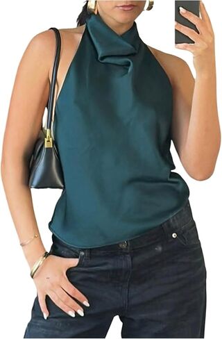 SHENHE Women's Elegant Satin Halter Top Cowl Neck Open Back Going Out Silky Vest Shirt in Saudi Arabia